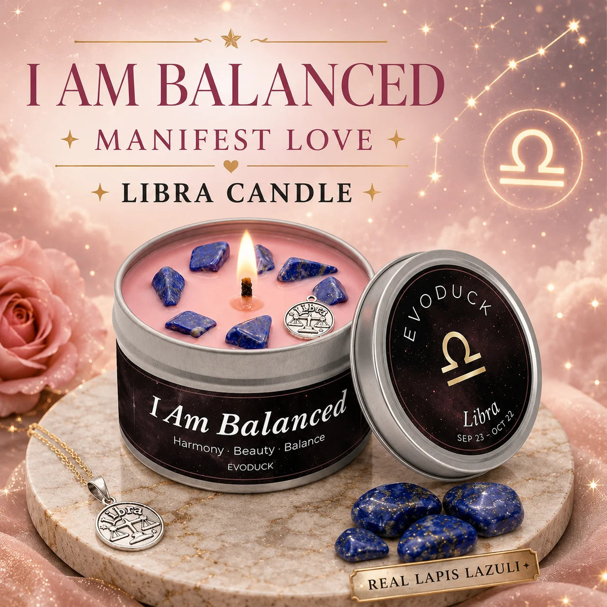Libra Astrology Scented Candle, Rose Amber, Constellation Aromatherapy Candle in Tin, Home Fragrance Decor Birthday Gift, 3oz