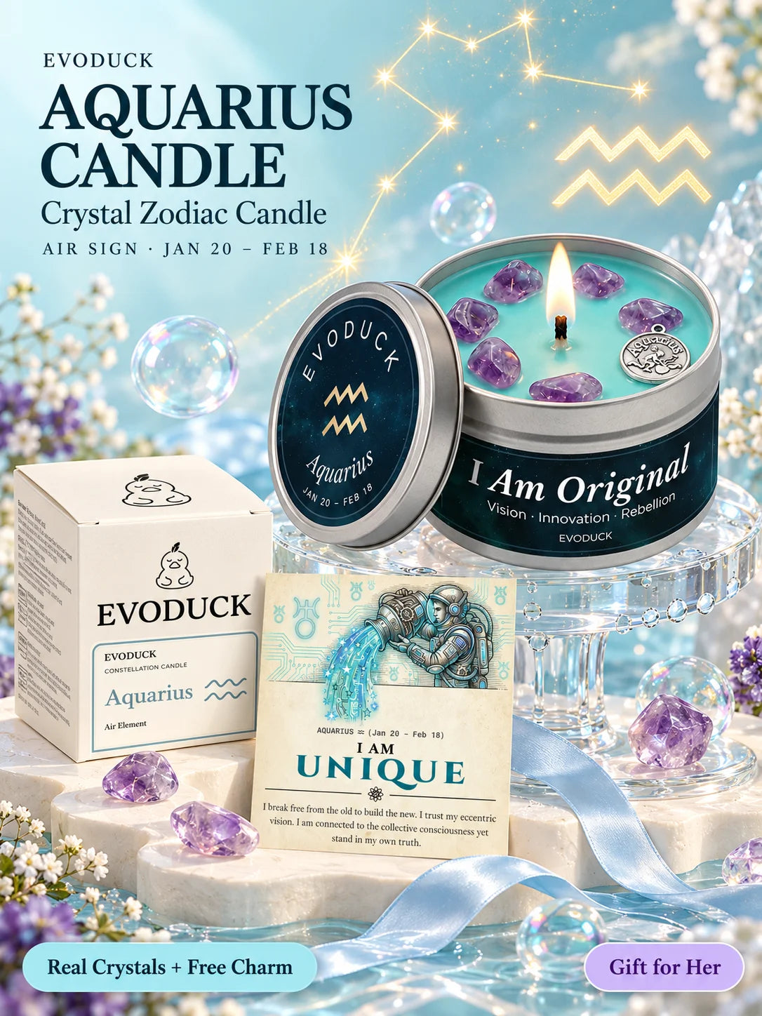 Aquarius Zodiac Scented Candle, Ozone Lavender, Astrology Aromatherapy Candle in Tin, Home Fragrance Decor Birthday Gift, 3oz