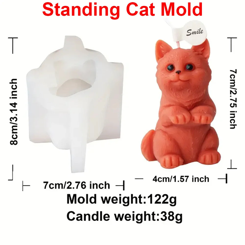 Standing Cat Mold diagram with upright kitten example and separate tool and casting measurements
