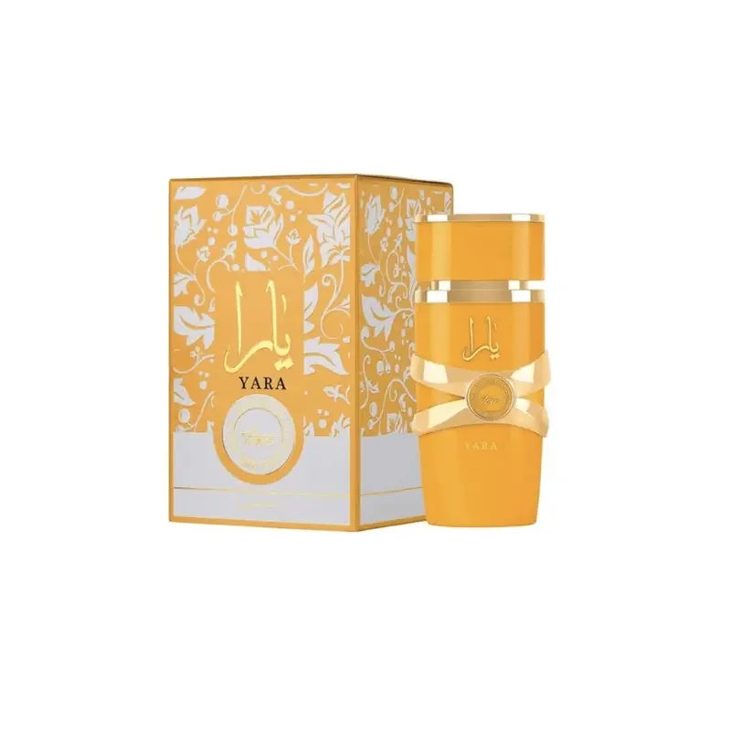 Lattafa Perfume Yara perfume bottle and matching box in a warm yellow and white color scheme, featuring Arabic calligraphy and floral patterns.