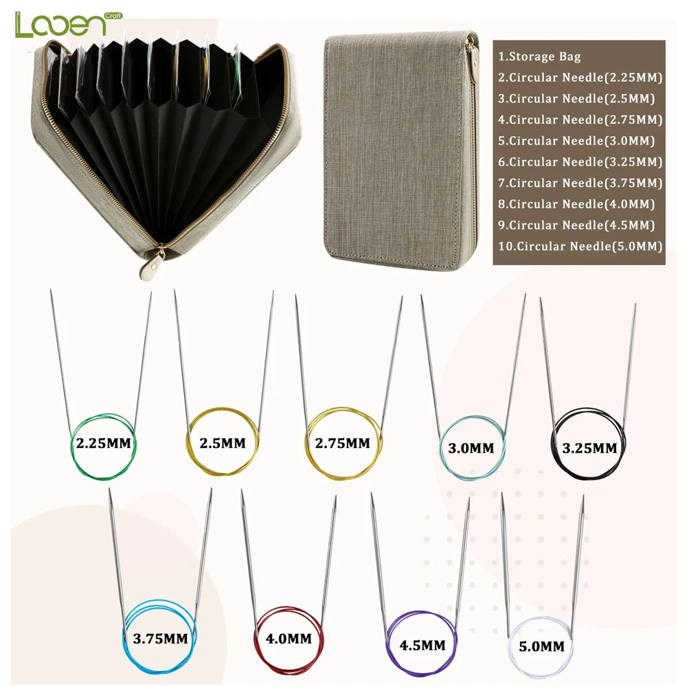 Knitting Needles, Stainless Steel Circular Set with Portable Storage Bag