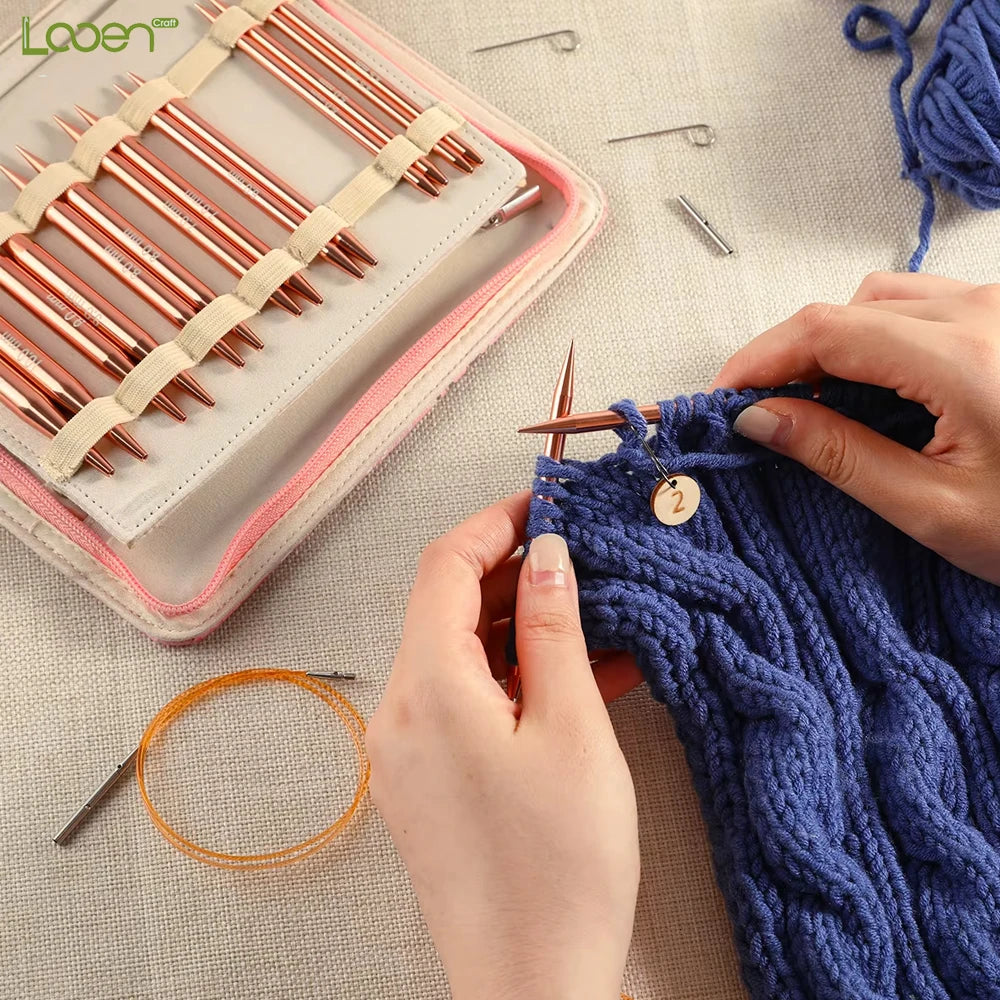Knitting Needles, LOOEN Interchangeable Circular Set with Pink Storage Bag
