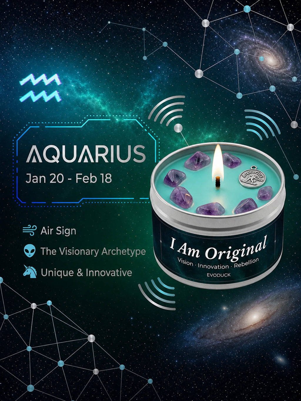 Aquarius Zodiac Scented Candle, Ozone Lavender, Astrology Aromatherapy Candle in Tin, Home Fragrance Decor Birthday Gift, 3oz