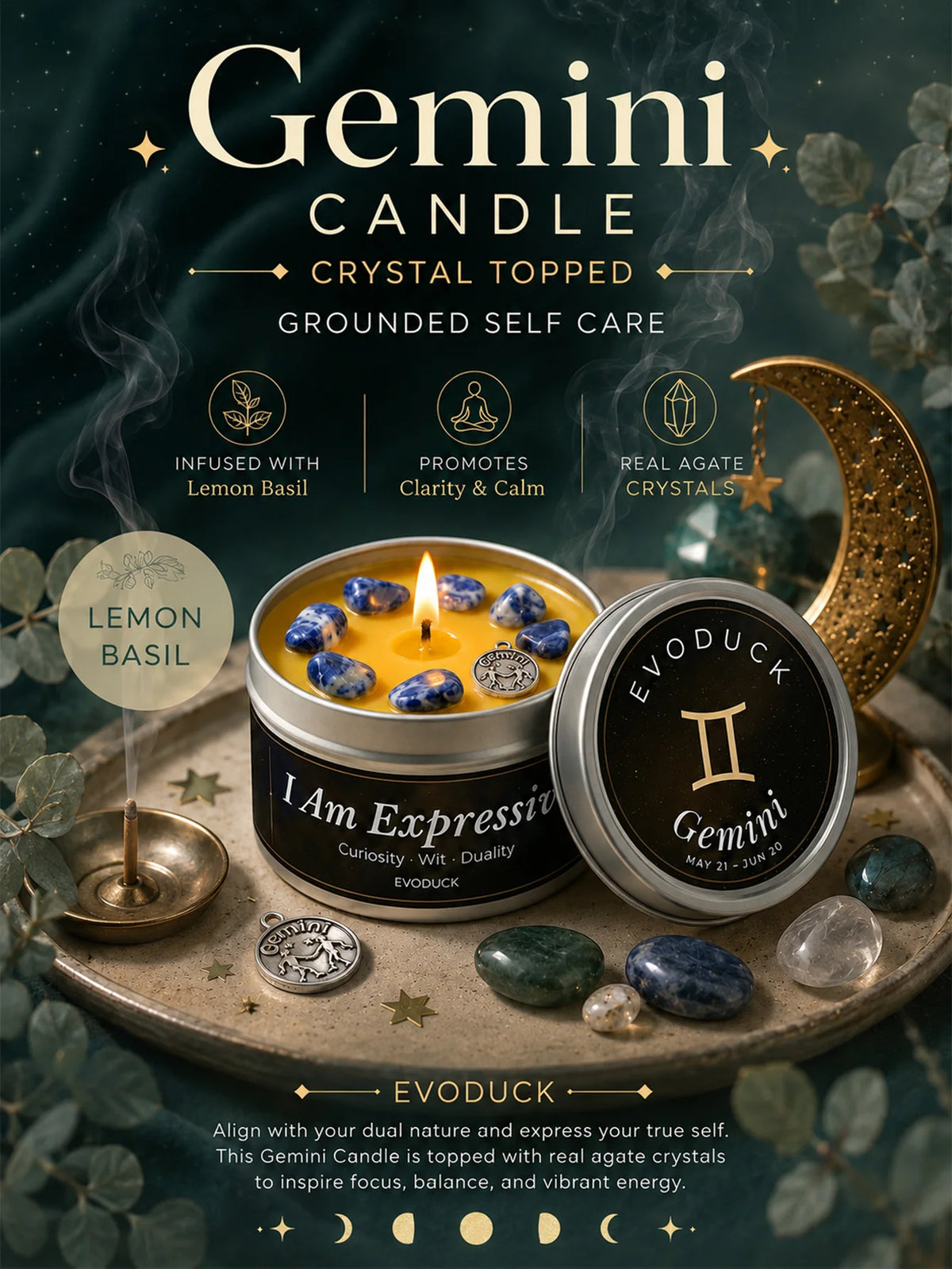 Gemini Constellation Scented Candle, Lemon Basil, Astrology Aromatherapy Candle in Tin, Home Fragrance Decor Birthday Gift, 3oz
