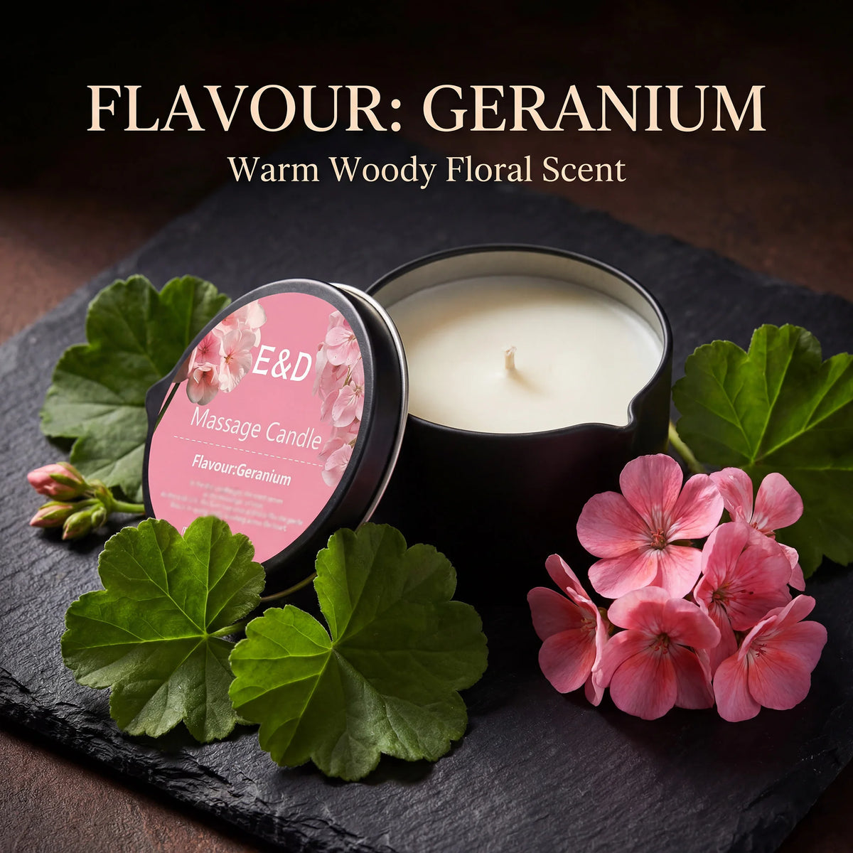 Geranium Massage Oil Candle 2oz, Body Massage Candle Melts Into Warm Body Oil, Moisturizing Aromatherapy Home Spa Gift For Her