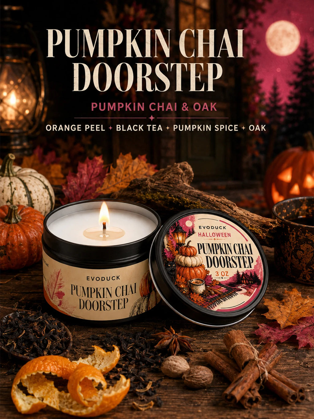 Pumpkin Chai Doorstep Scented Candle Gift Set, Pumpkin Chai & Oak, 6-Pack 3oz Tin Candles with Boxes, Folding Card, Autumn Decor