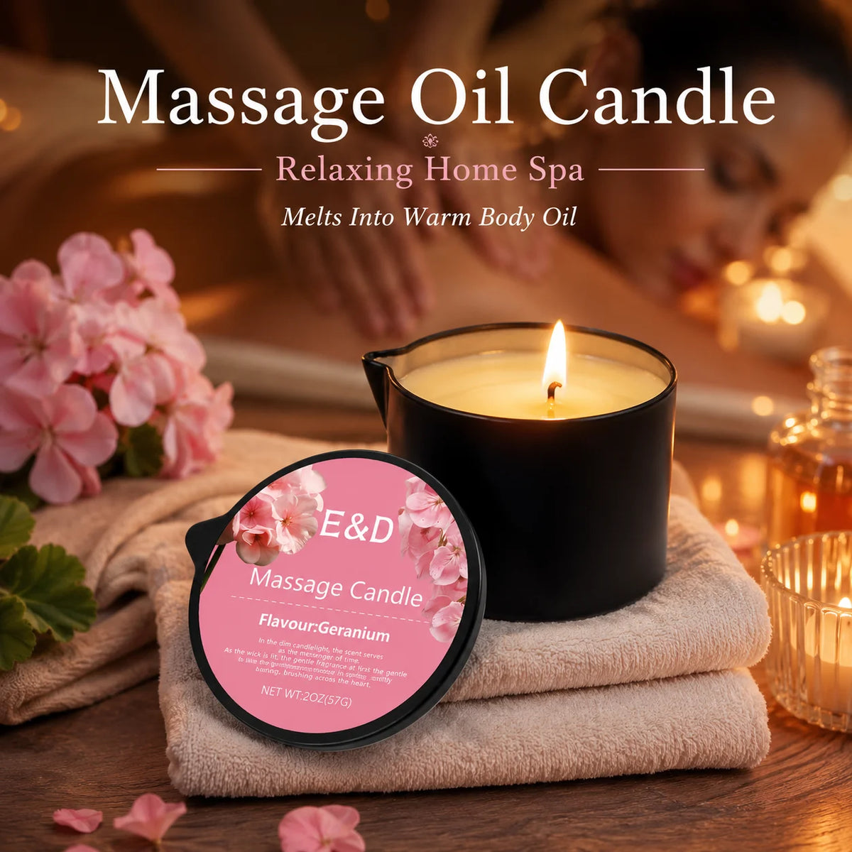 Geranium Massage Oil Candle 2oz, Body Massage Candle Melts Into Warm Body Oil, Moisturizing Aromatherapy Home Spa Gift For Her