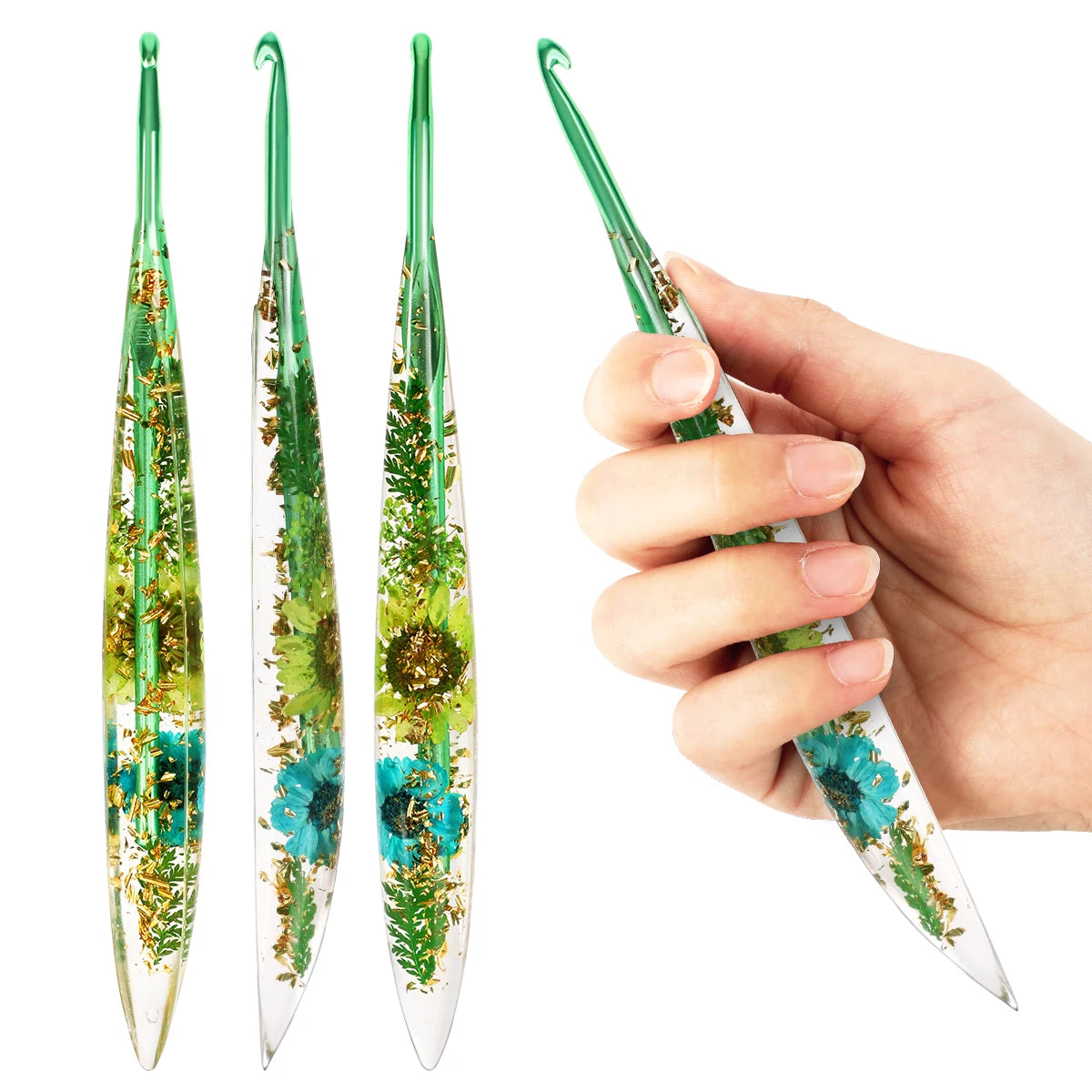 Crochet Hooks, Floral Resin Handles for Handmade Needlecraft Projects