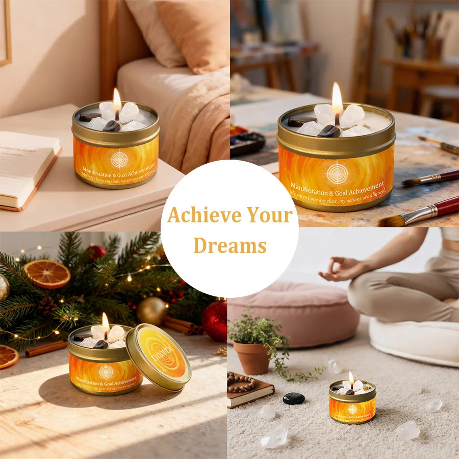 Cinnamon Sandalwood Crystal Scented Candle Manifestation Goal Achievement Aromatherapy Candle Meditation Room Decor Gift 3oz Tin
