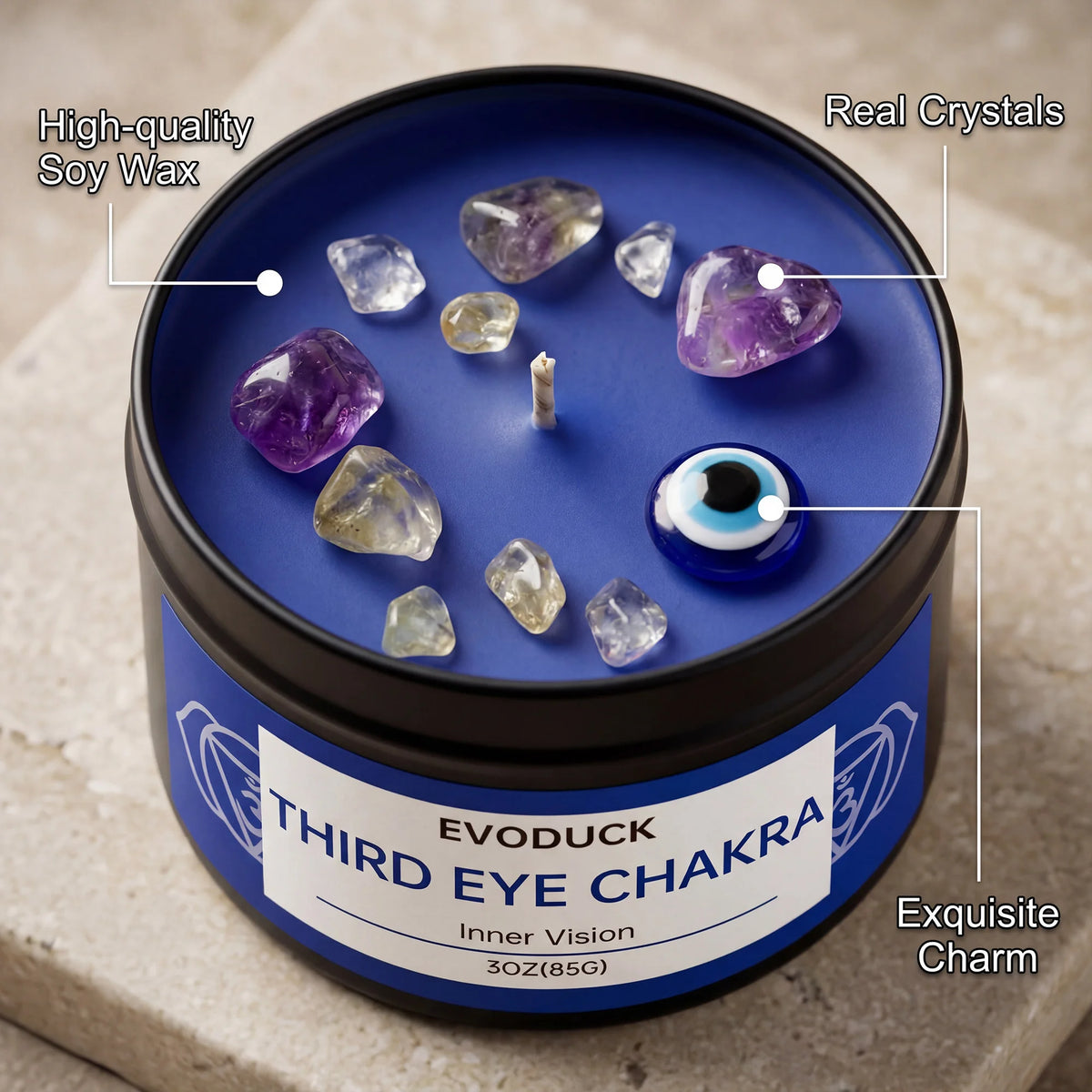Sage Frankincense Third Eye Chakra Crystal Scented Candle 3oz With Crystal & Evil Eye Charm Meditation Yoga Decor Gift For Her