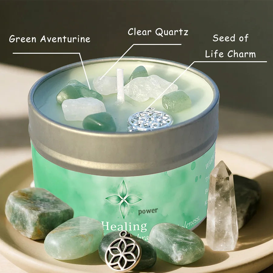 Crystal Candle Set of 3, Lavender Eucalyptus Scented Candles in Tin with Stones, Intention Manifestation Candle, Gift for Women