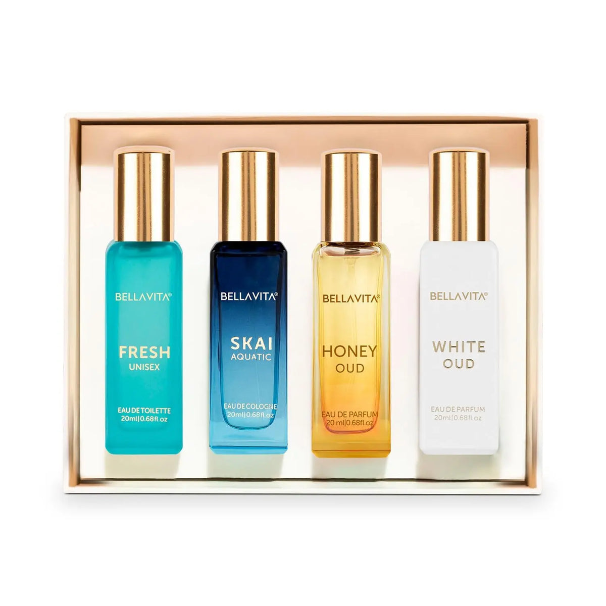 Four Bellavita perfume bottles in a decorative box on a white background