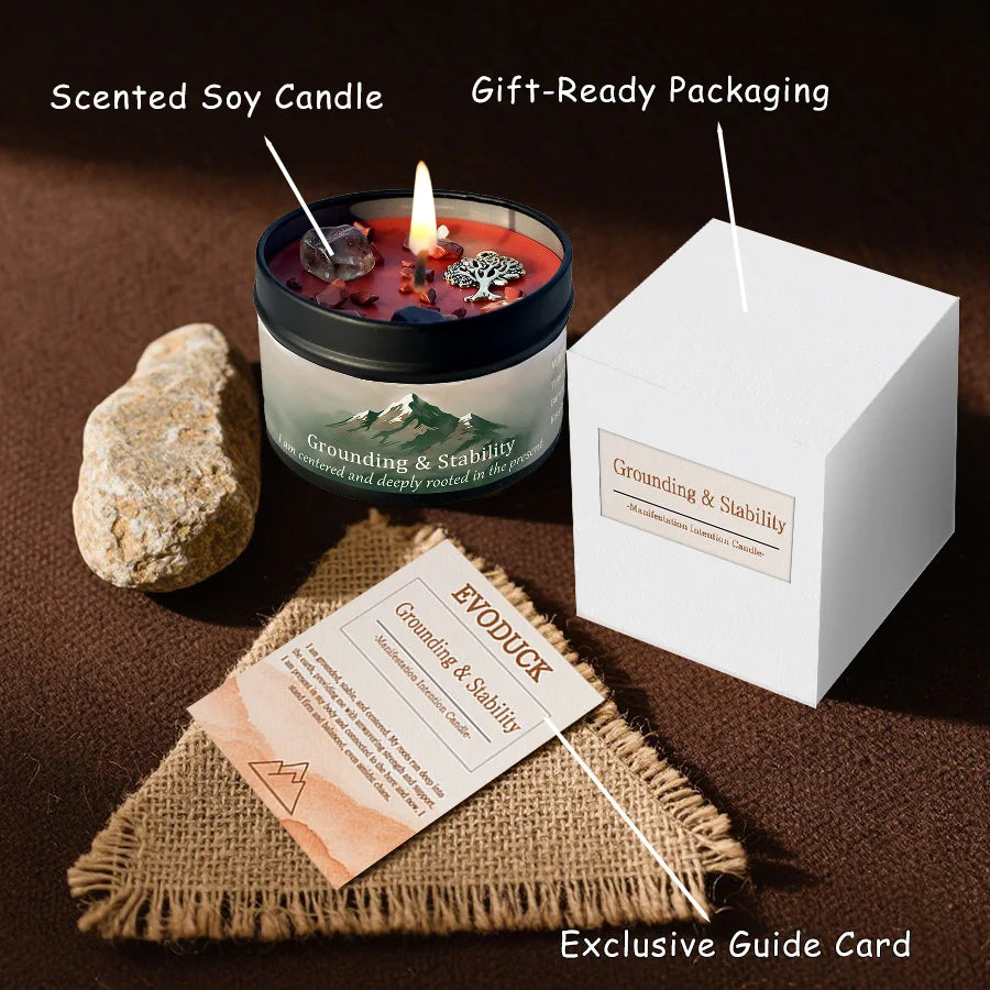 Crystal Intention Candle Vetiver Cedarwood Scented Tin Candle Grounding Root Chakra Manifestation Meditation Gift for Her 3oz