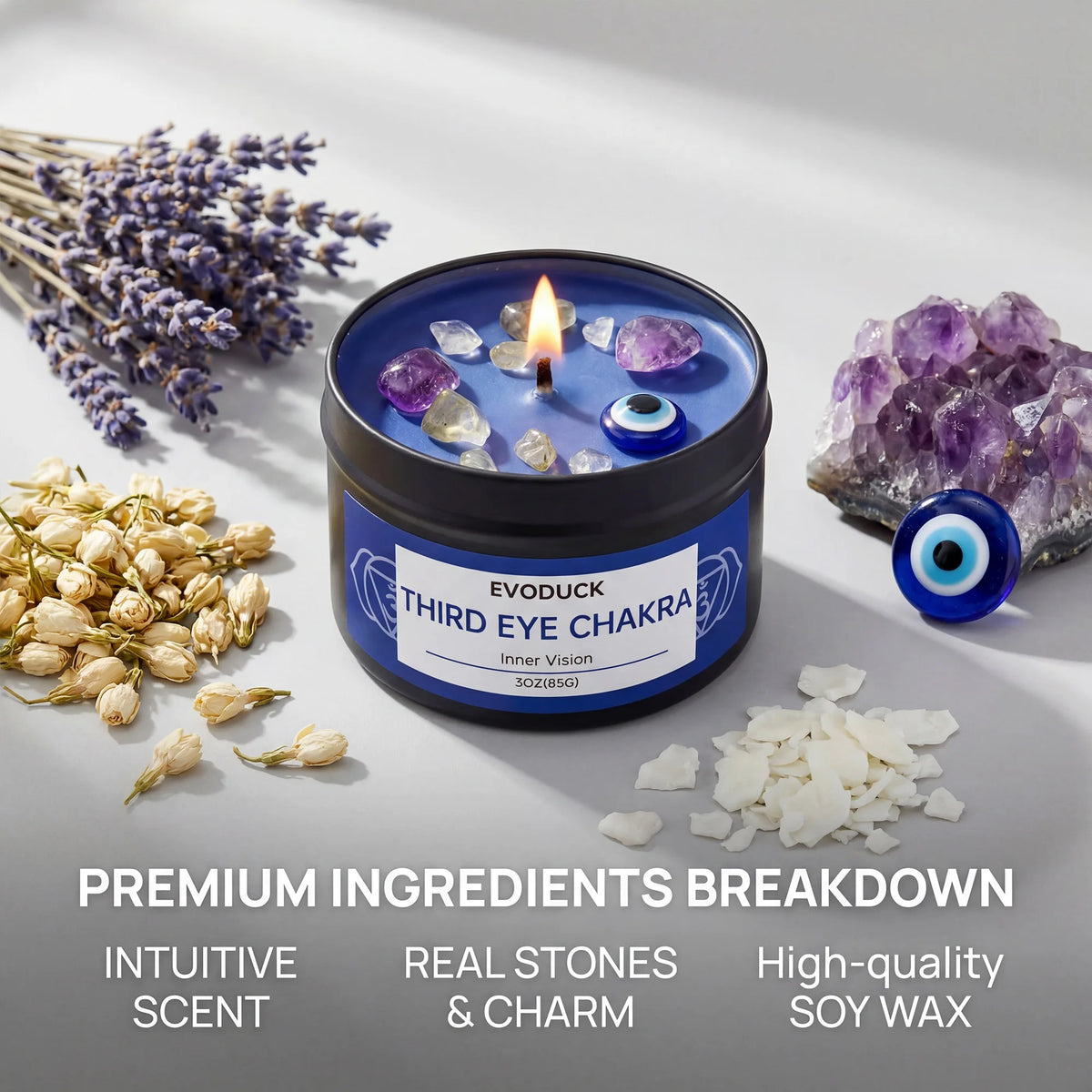 Sage Frankincense Third Eye Chakra Crystal Scented Candle 3oz With Crystal & Evil Eye Charm Meditation Yoga Decor Gift For Her