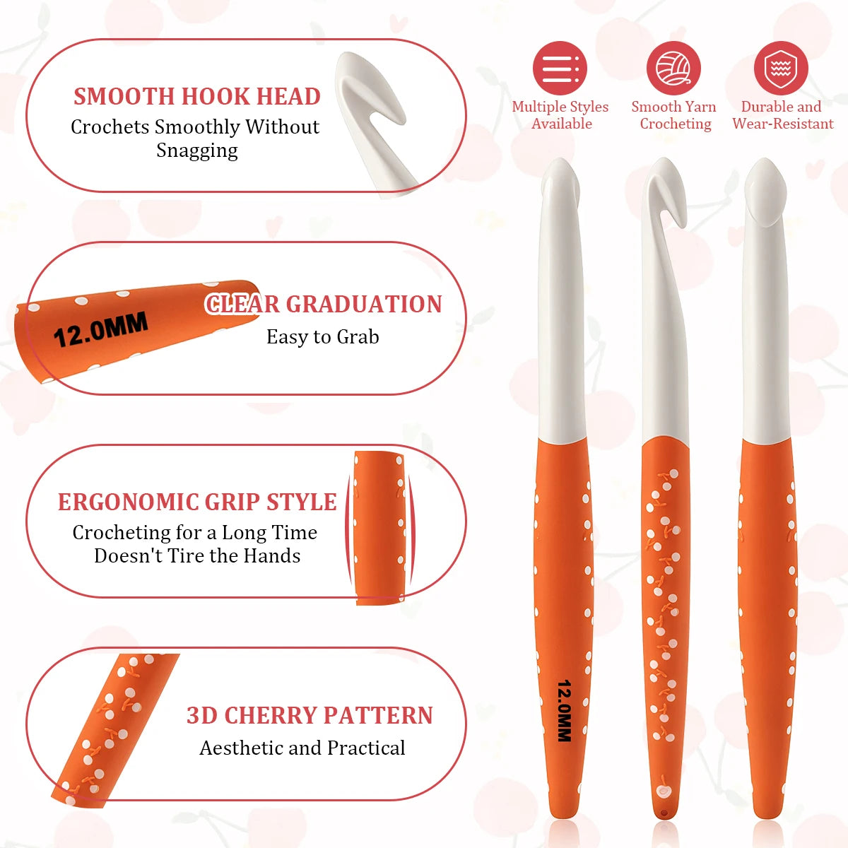 Crochet Hooks, Cherry Pattern Soft Handles for Handmade Yarn Projects