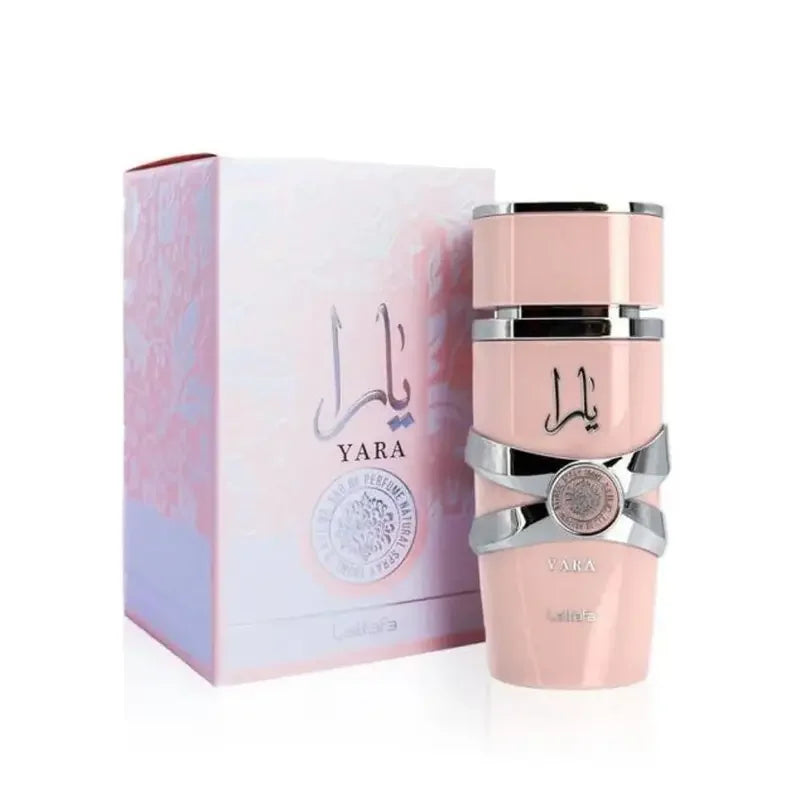 Lattafa Perfume Pink perfume bottle with silver accents and matching box on a white background