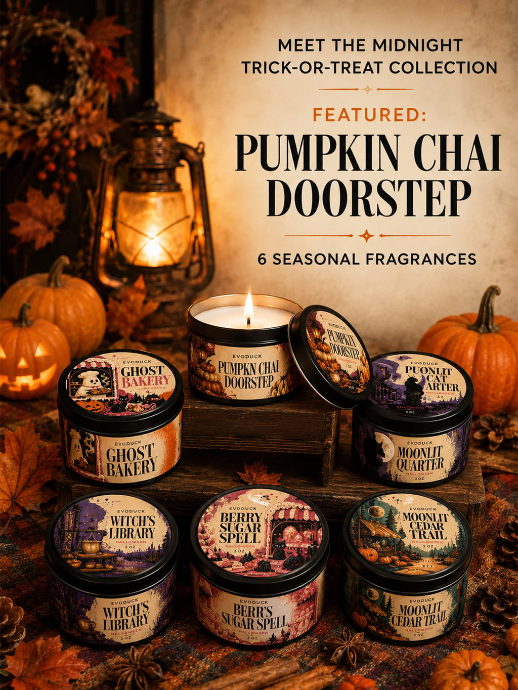 Pumpkin Chai Doorstep Scented Candle Gift Set, Pumpkin Chai & Oak, 6-Pack 3oz Tin Candles with Boxes, Folding Card, Autumn Decor