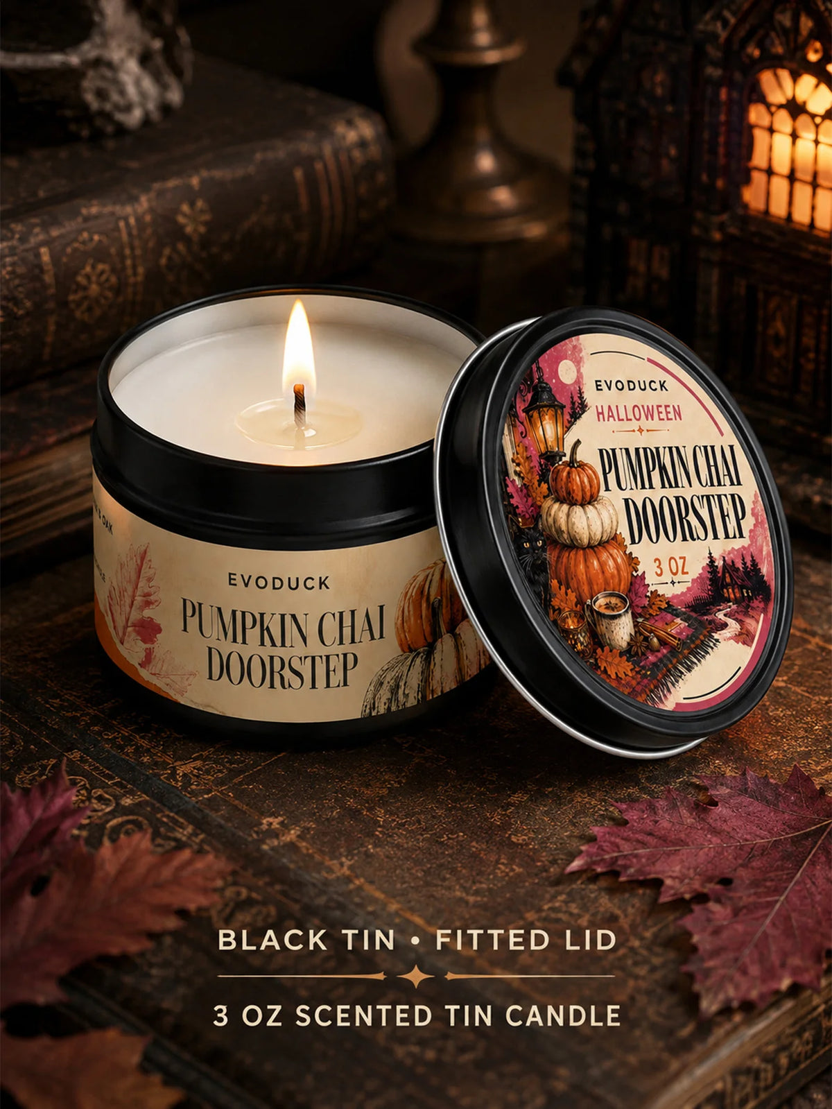 Pumpkin Chai Doorstep Scented Candle Gift Set, Pumpkin Chai & Oak, 6-Pack 3oz Tin Candles with Boxes, Folding Card, Autumn Decor