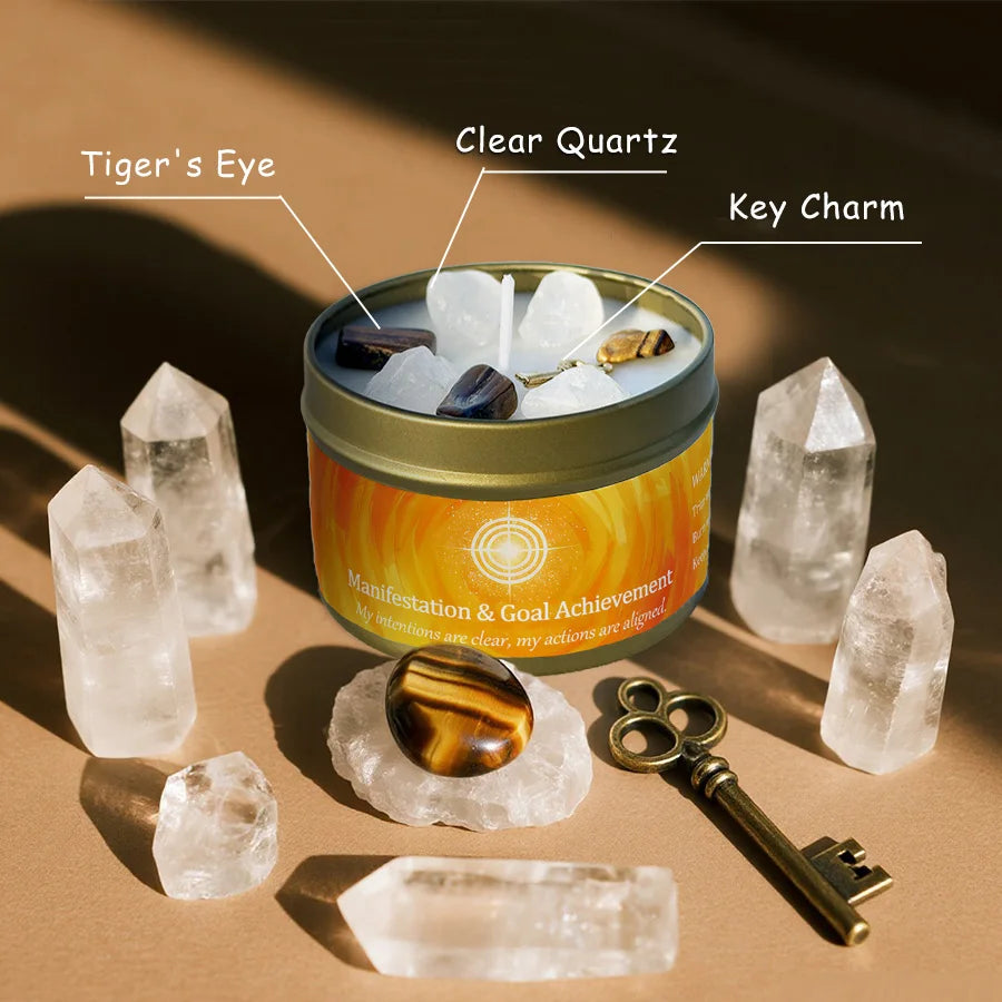 Cinnamon Sandalwood Crystal Scented Candle Manifestation Goal Achievement Aromatherapy Candle Meditation Room Decor Gift 3oz Tin