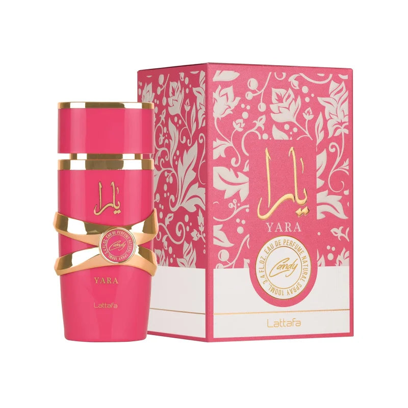 Pink Lattafa Perfume perfume bottle with gold accents and matching box on a white background