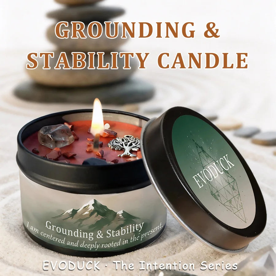 Crystal Intention Candle Vetiver Cedarwood Scented Tin Candle Grounding Root Chakra Manifestation Meditation Gift for Her 3oz