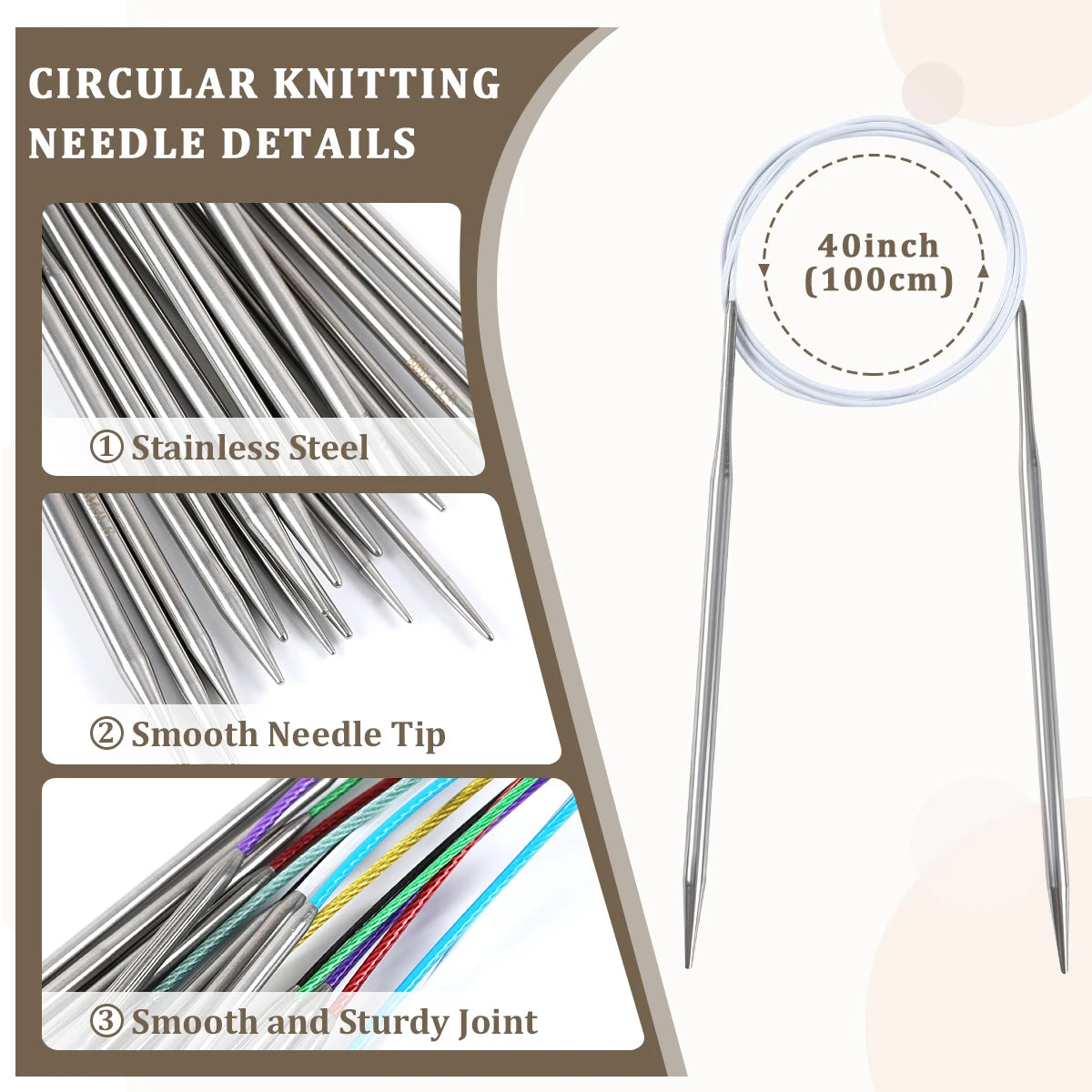 Knitting Needles, Stainless Steel Circular Set with Portable Storage Bag