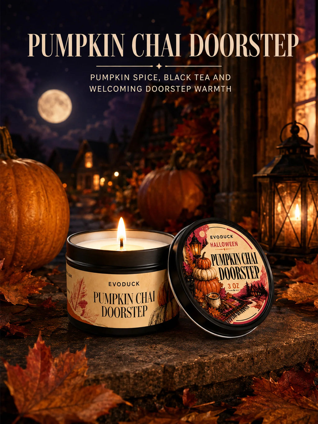 Pumpkin Chai Doorstep Scented Candle Gift Set, Pumpkin Chai & Oak, 6-Pack 3oz Tin Candles with Boxes, Folding Card, Autumn Decor
