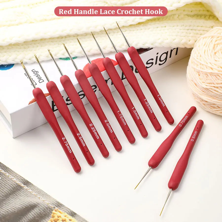 Crochet Hooks, Fine Lace Set with Red Handles & Gold-Colored Tips