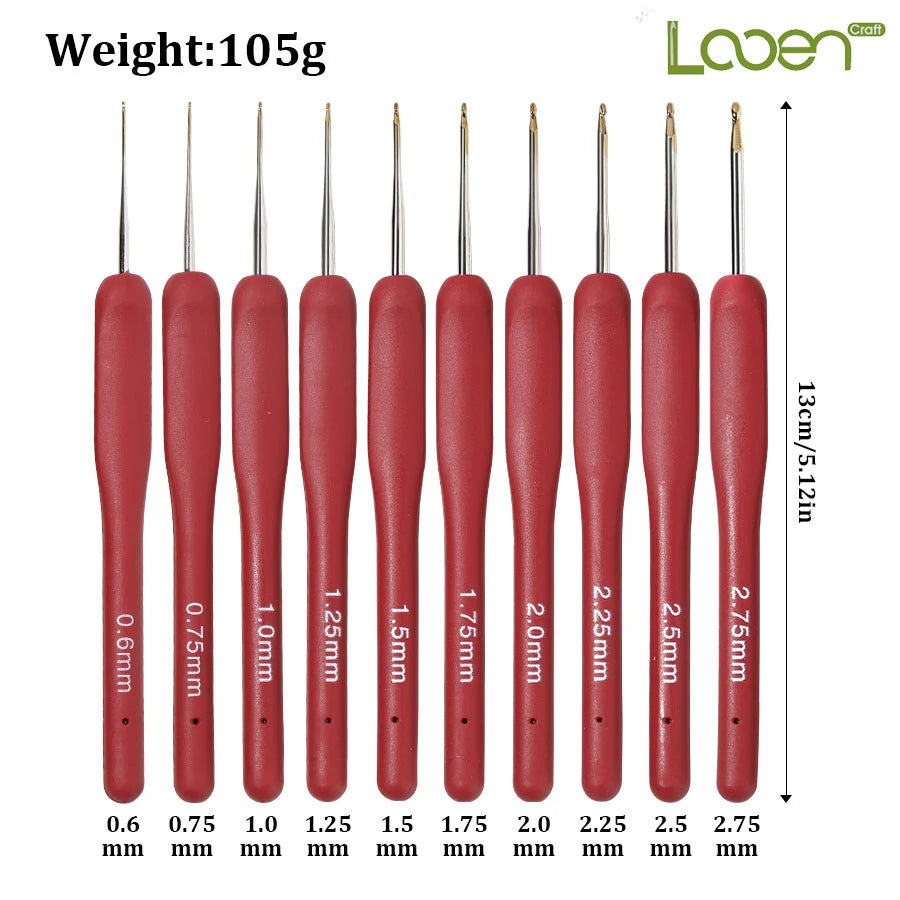 Crochet Hooks, Fine Lace Set with Red Handles & Gold-Colored Tips