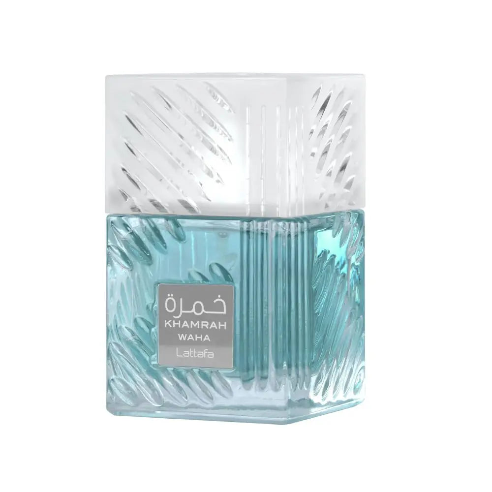 Perfume bottle with wavy design and 'Khamrah Waha' label on a white background