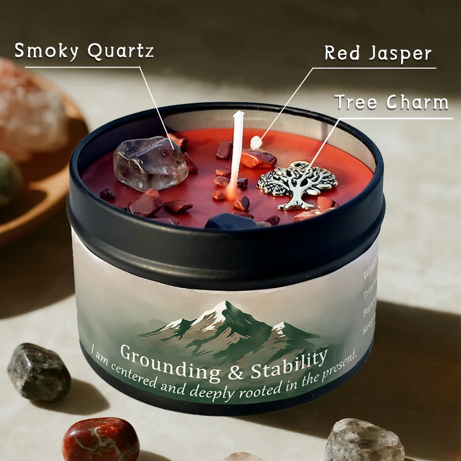 Crystal Intention Candle Vetiver Cedarwood Scented Tin Candle Grounding Root Chakra Manifestation Meditation Gift for Her 3oz