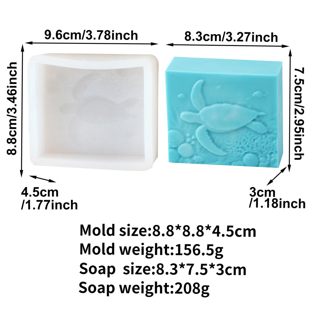 Sea-turtle mold and turquoise soap example diagram with separate tool and casting measurements