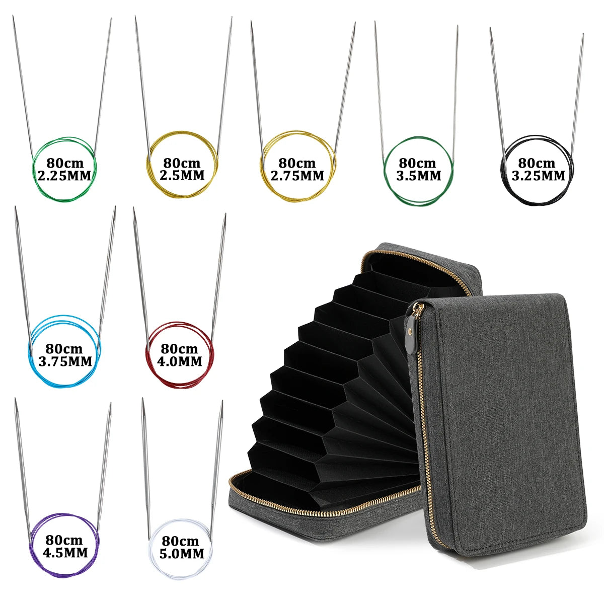 Knitting Needles, Stainless Steel Circular Set with Portable Storage Bag