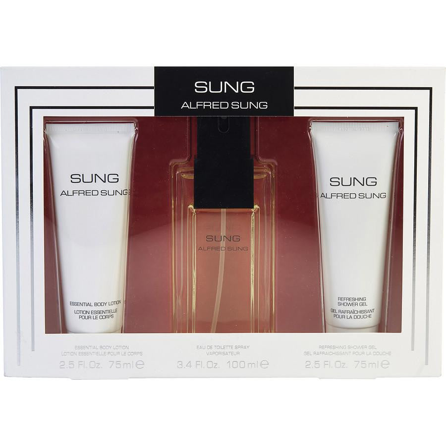 Alfred Sung 3 Pcs Set For Women: 3.4 Eau De Toilette Spray + 2.5 Body Lotion + 2.5 Shower Gel.