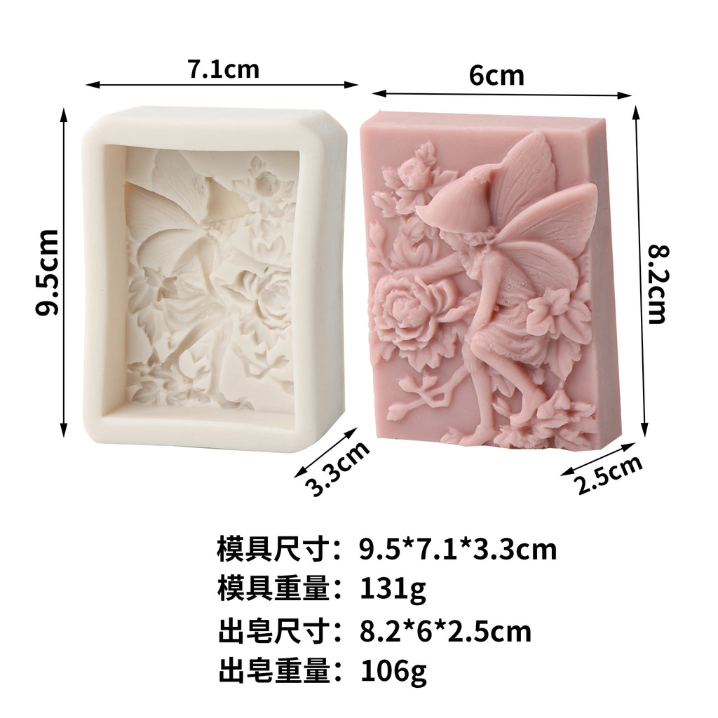 Rectangular large-wing fairy and rose relief mold with pink casting example and separate measurement labels