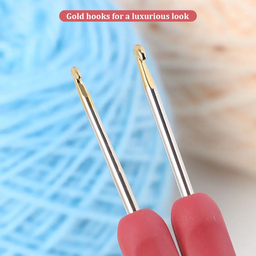 Crochet Hooks, Fine Lace Set with Red Handles & Gold-Colored Tips