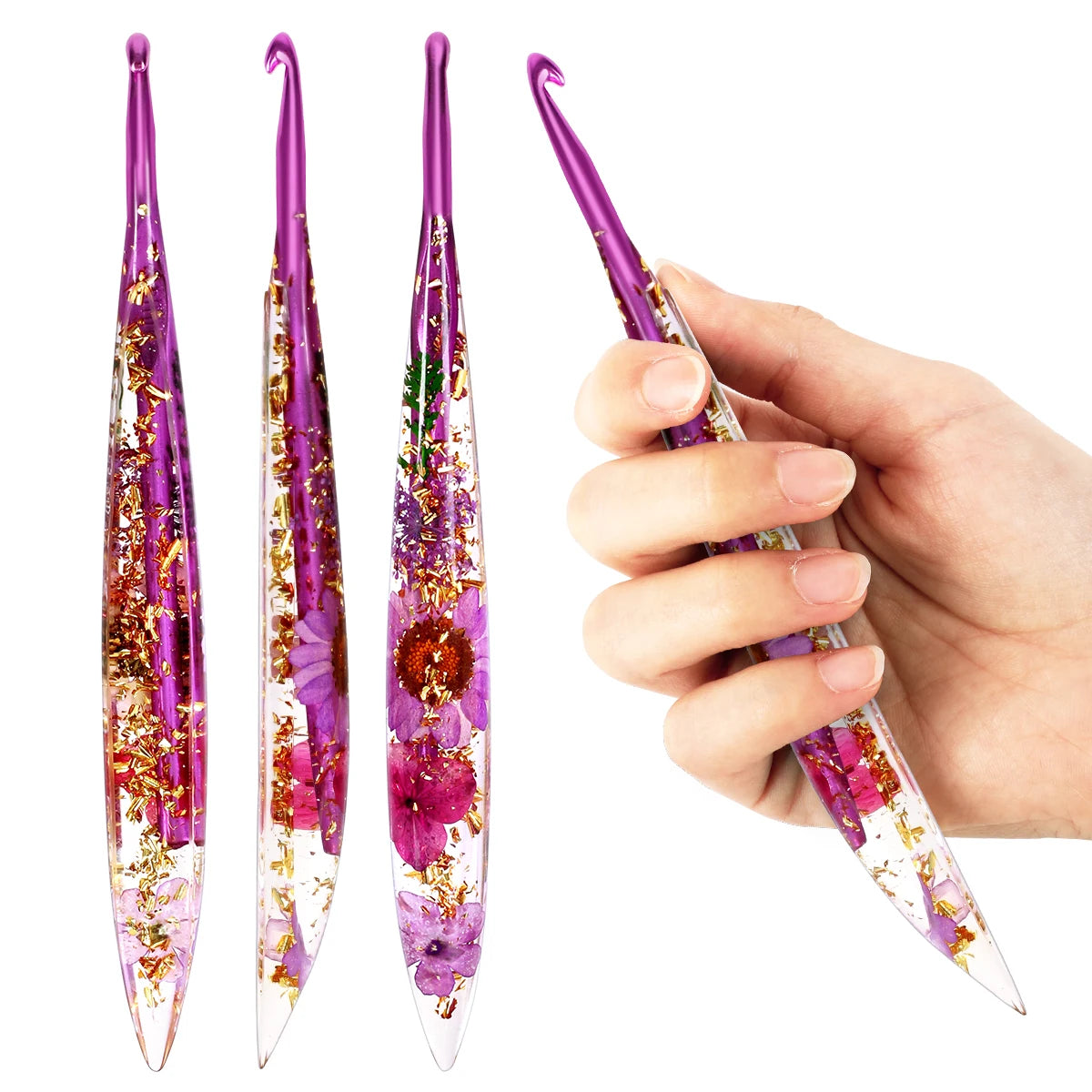 Crochet Hooks, Floral Resin Handles for Handmade Needlecraft Projects