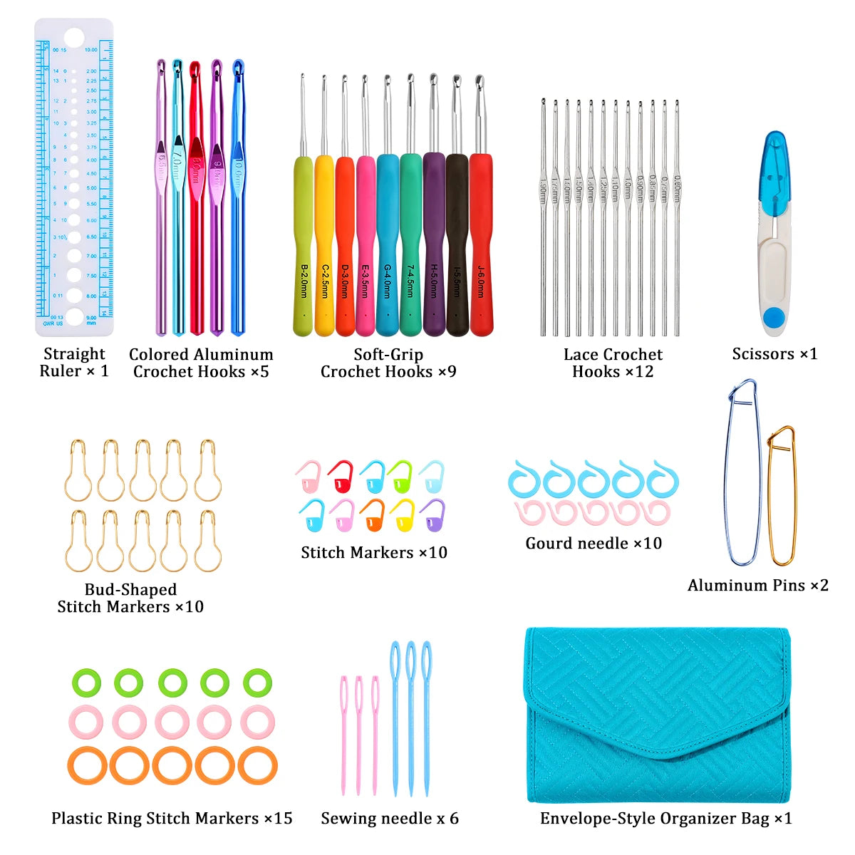 Crochet Tool Set, Lake Blue Storage Bag for Handmade Needlecraft Projects