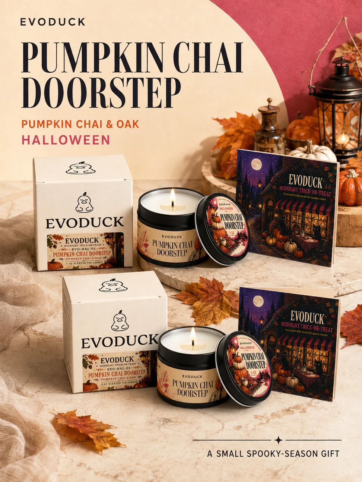 Pumpkin Chai Doorstep Scented Candle Gift Set, Pumpkin Chai & Oak, 6-Pack 3oz Tin Candles with Boxes, Folding Card, Autumn Decor