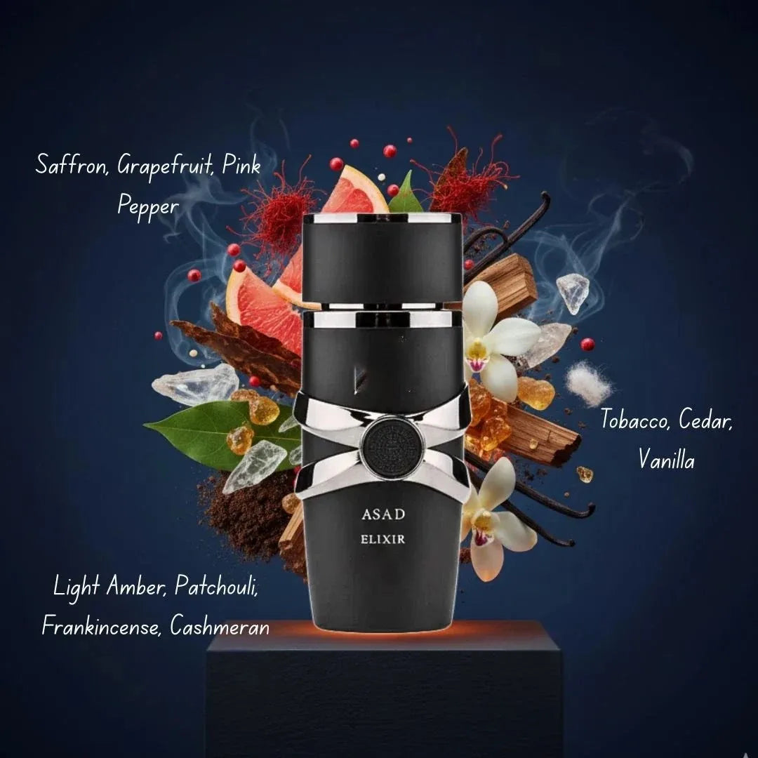 A black Lattafa Perfume cylindrical ASAD Elixir perfume bottle with a silver ribbon and seal, displayed on a pedestal against a dark blue background with illustrated scent notes and botanical elements.