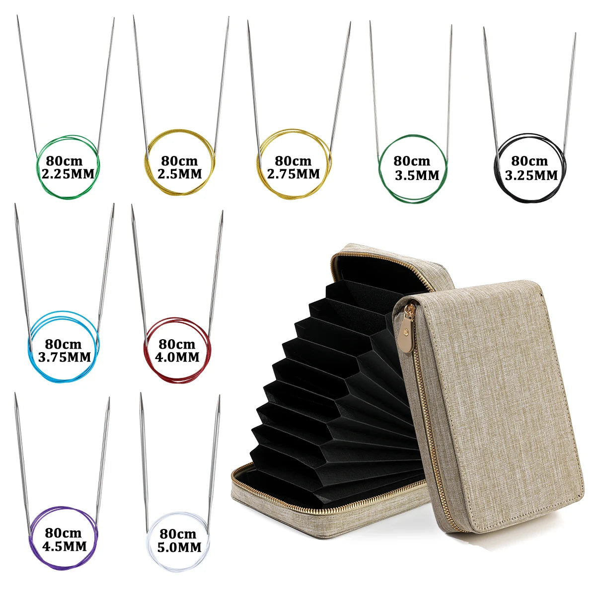 Knitting Needles, Stainless Steel Circular Set with Portable Storage Bag