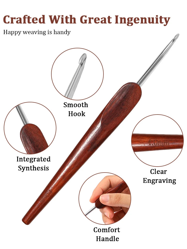 Crochet Hook, Polished Wooden Handle for Handmade Yarn & Needlework Crafts