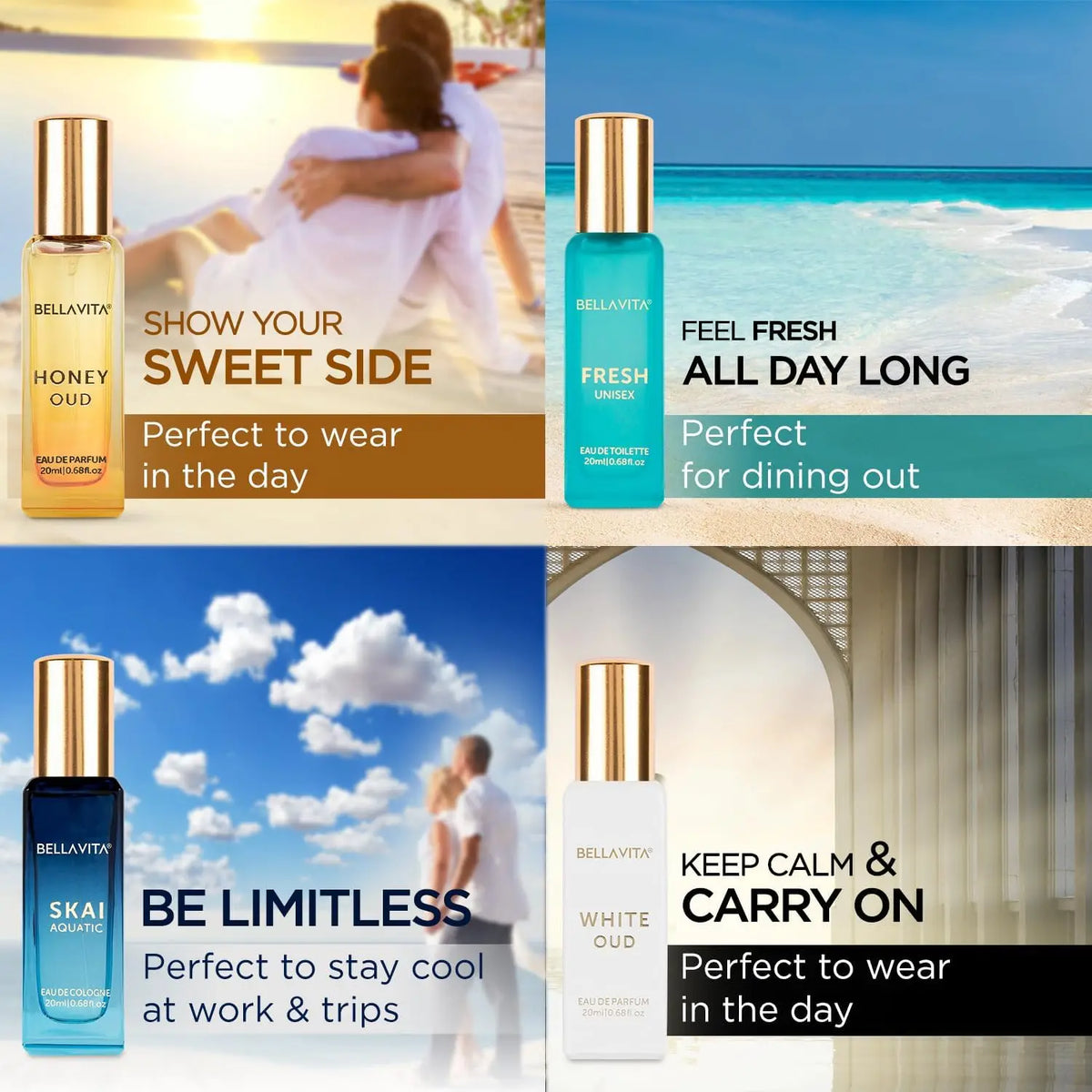 A 2x2 promotional collage for Bellavita body mists, featuring four different scents: Honey Oud, Fresh Watermelon, Skai Aquatic, and White Oud. Each panel shows the product bottle against a themed lifestyle background (romantic beach, tropical beach, blue sky with clouds, and a white archway) with descriptive text and marketing copy.