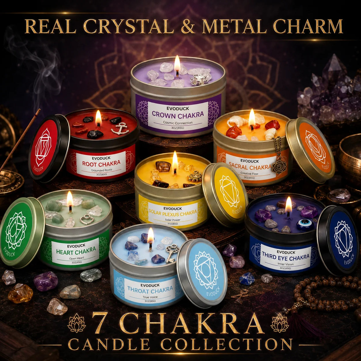 Scented Candles EVODUCK Seven Chakra Soy Wax Crystal Tins Home Fragrance