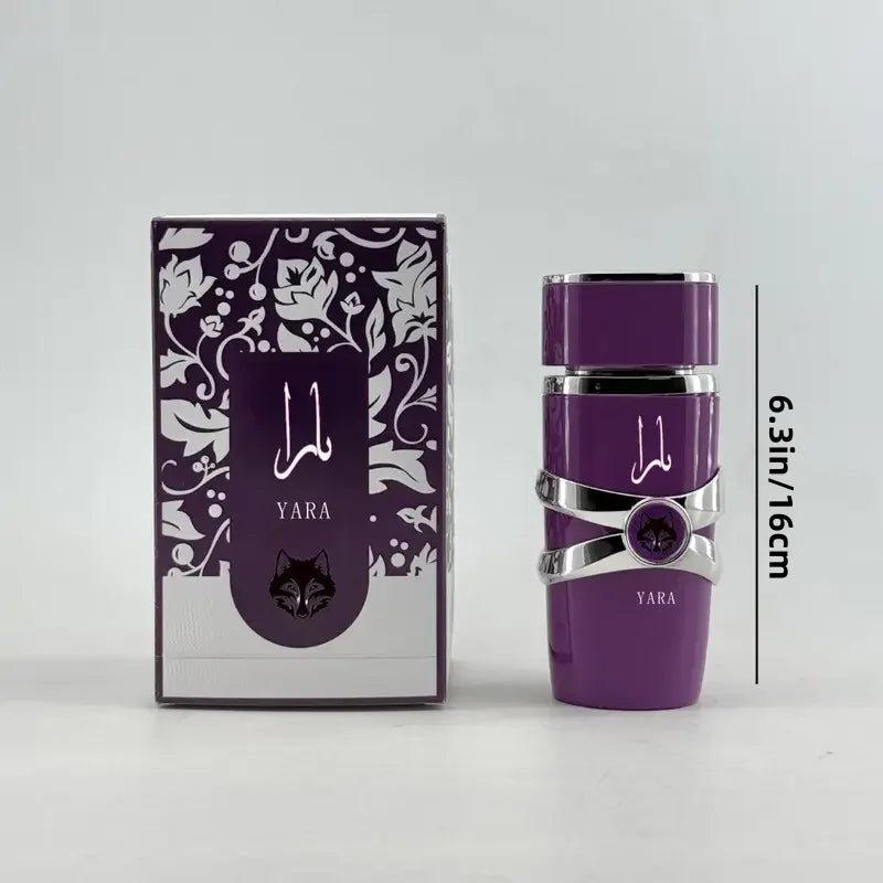 Lattafa Perfume Purple YARA perfume bottle with silver bands next to its matching purple and white patterned box, with a vertical dimension marker reading 6.3in / 16cm.