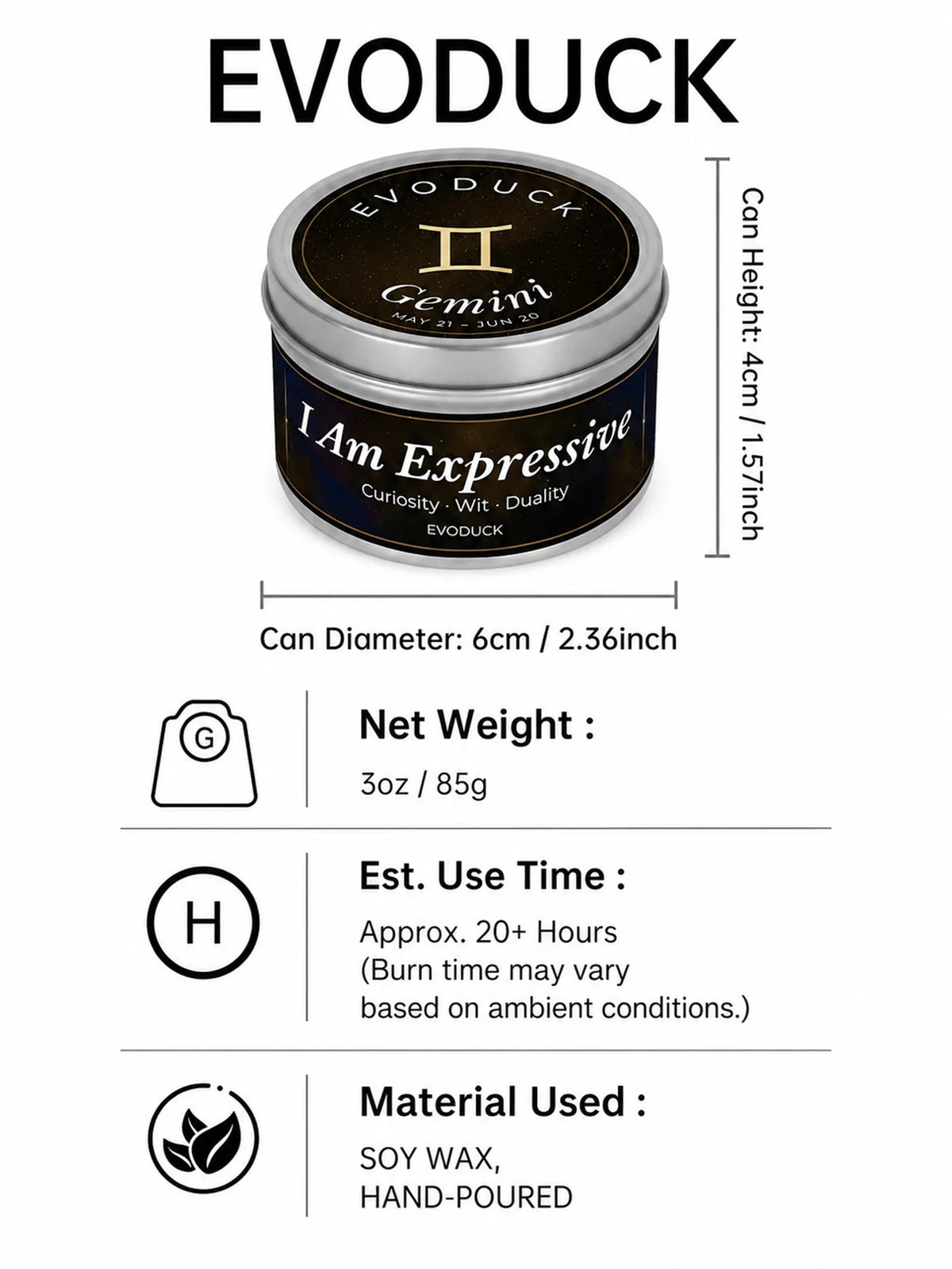 Gemini Constellation Scented Candle, Lemon Basil, Astrology Aromatherapy Candle in Tin, Home Fragrance Decor Birthday Gift, 3oz