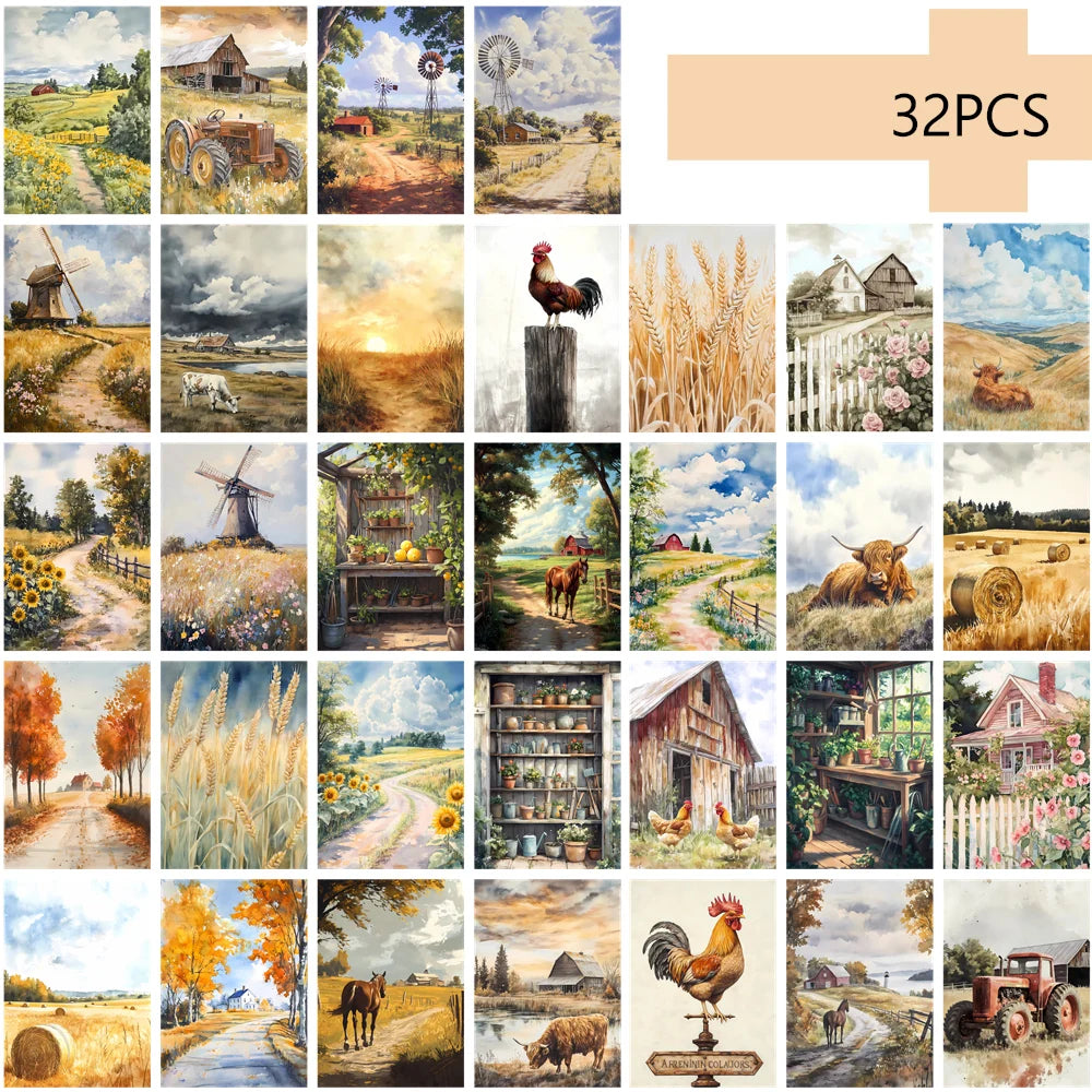 32pcs, Autumn Farm Postcards, Autumn Harvest Theme, Warm Country Style, Mailing Cards, Holiday Cards, Collectibles