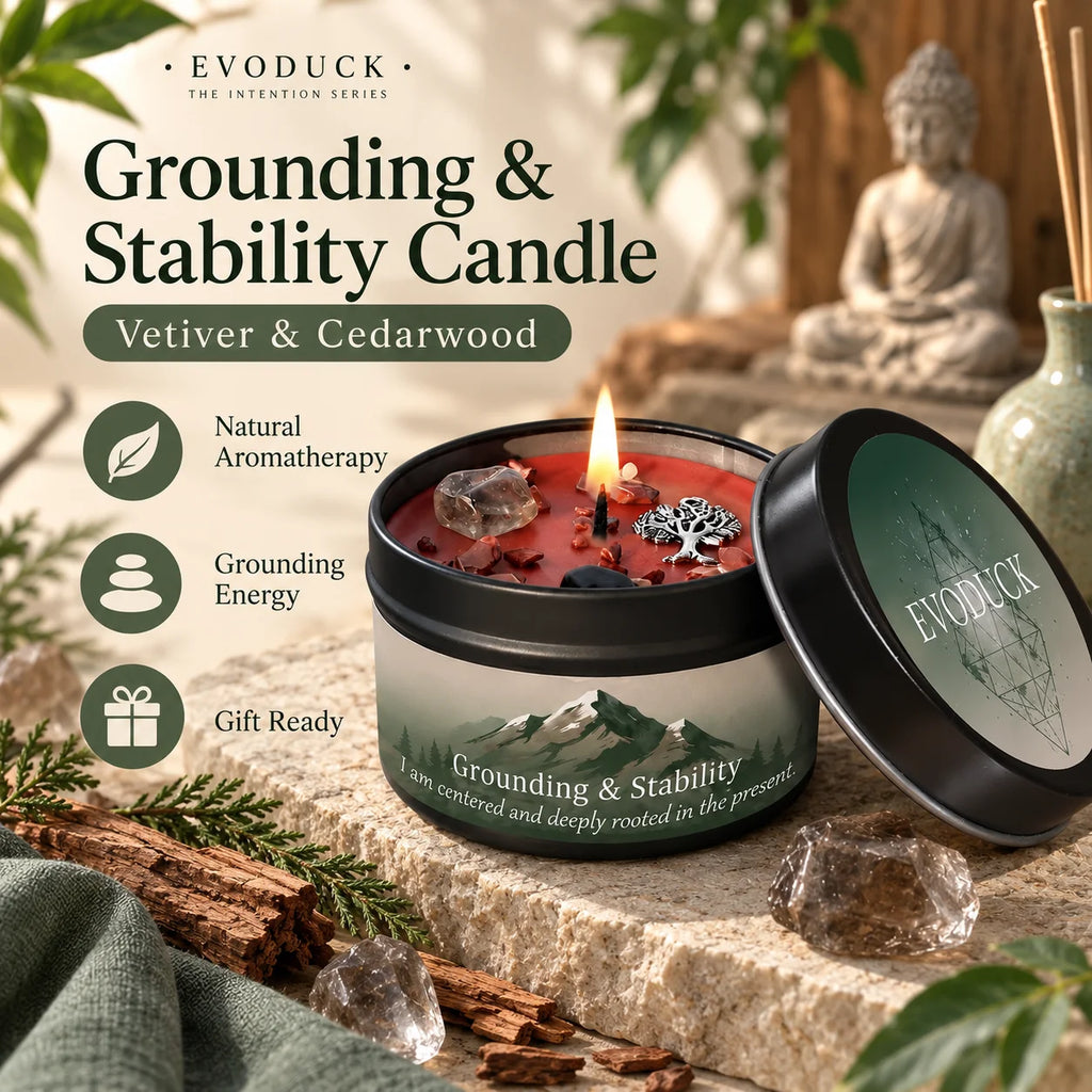 Crystal Intention Candle Vetiver Cedarwood Scented Tin Candle Grounding Root Chakra Manifestation Meditation Gift for Her 3oz