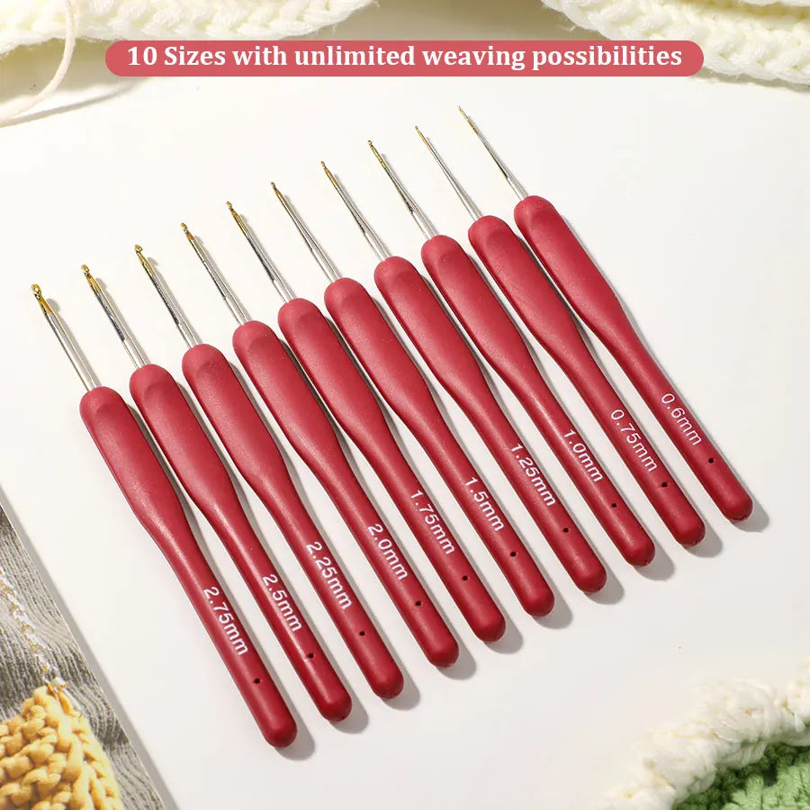 Crochet Hooks, Fine Lace Set with Red Handles & Gold-Colored Tips