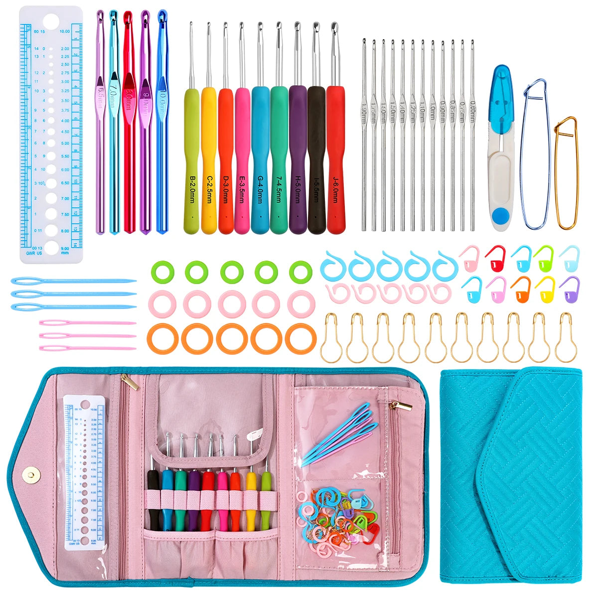 Crochet Tool Set, Lake Blue Storage Bag for Handmade Needlecraft Projects